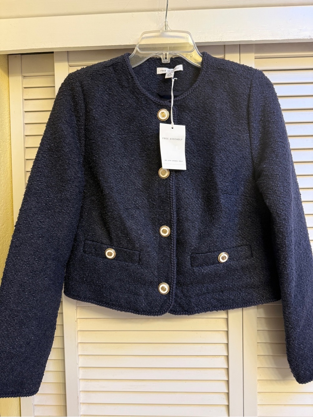 Free Assembly Navy Bouclé Cropped Jacket with Gold Buttons Women’s Sz XS 0-2